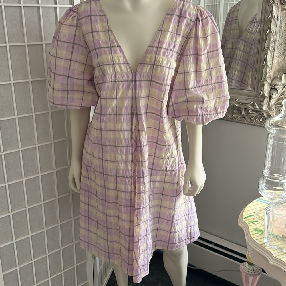 Ganni Pink and Purple Puff Sleeve Sundress Sz Euro 44